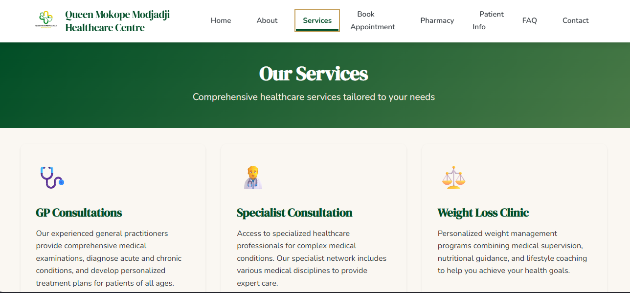 Queen Mokope Modjadji Healthcare Centre website screenshot